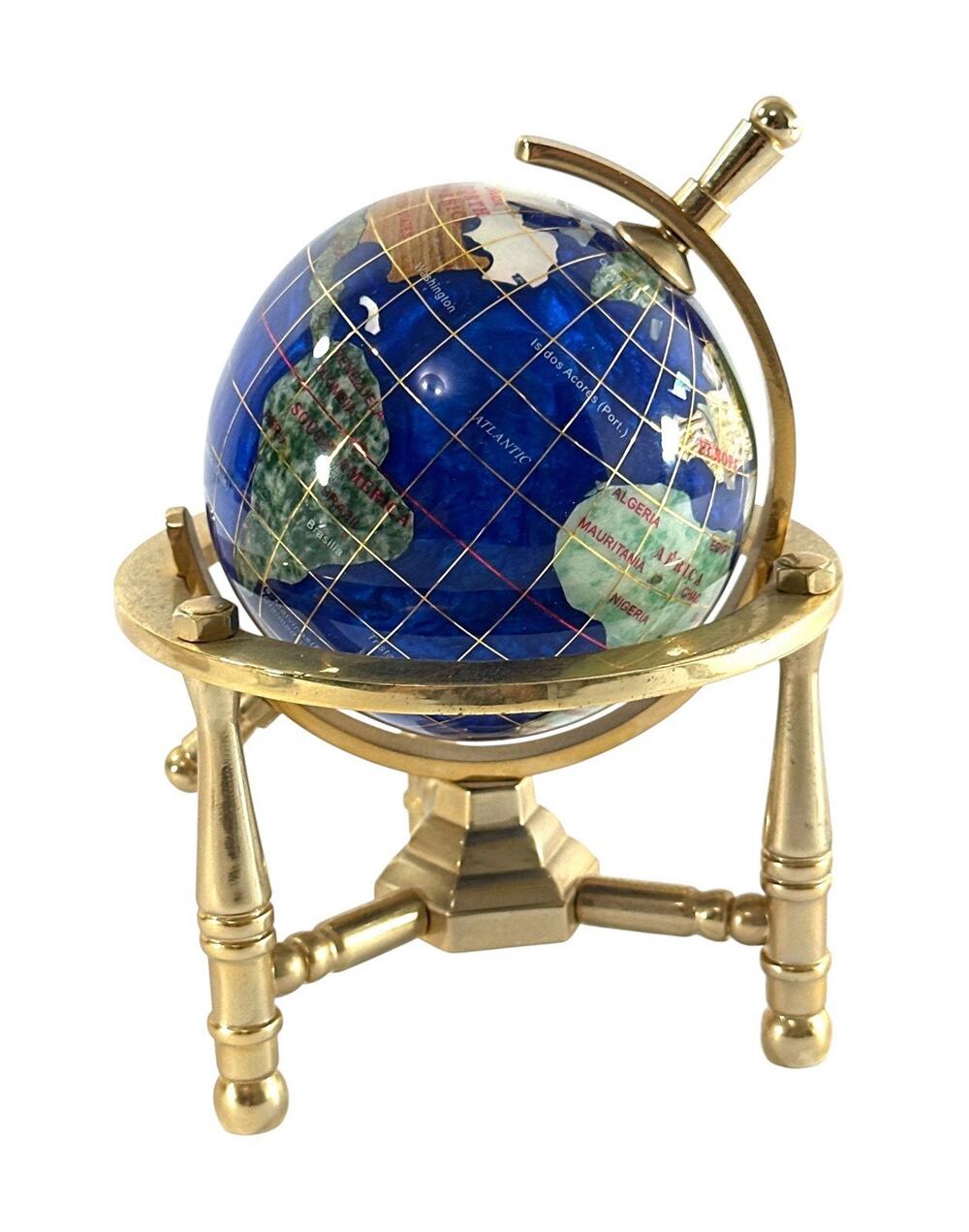 Blue Gemstone World Globe Brass Stand Mother of Pearl Inlay Desk Decor 5.5”